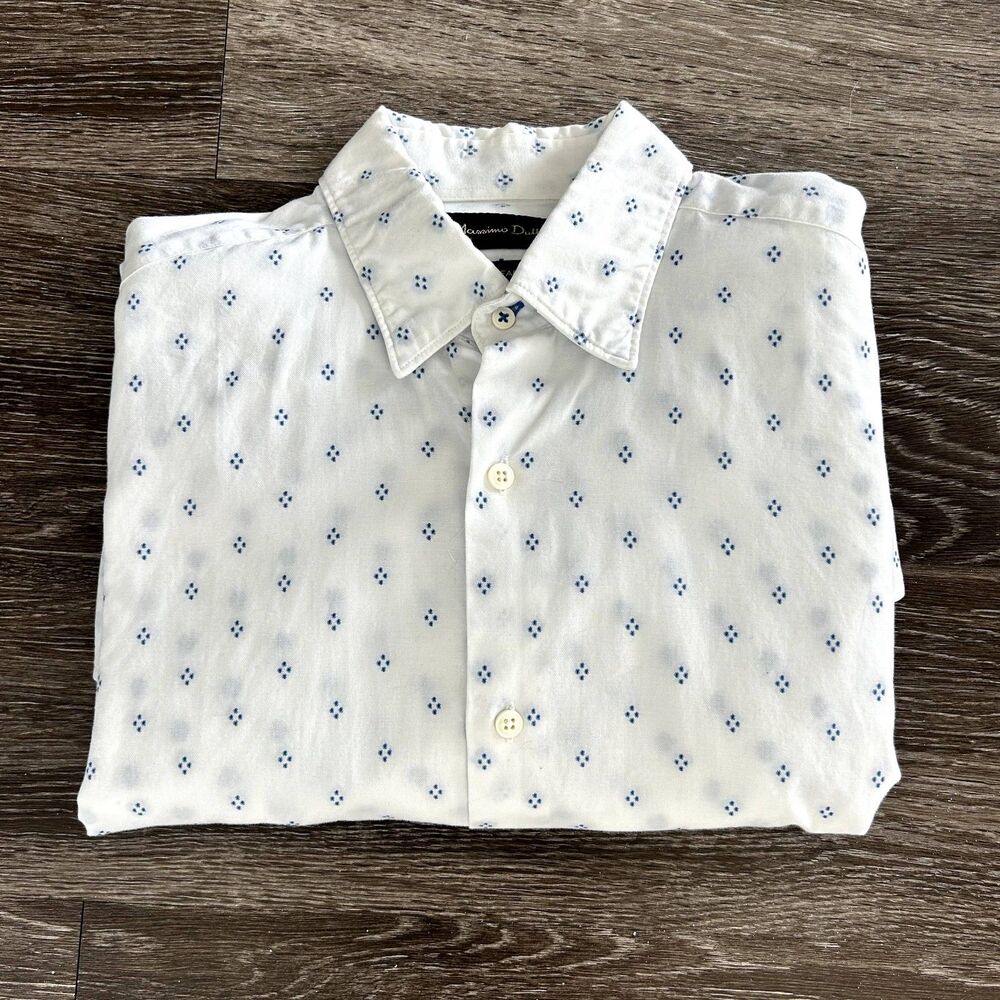 Massimo Dutti 100% Cotton White Button-Up Shirt Blue Embroidered Dot Men's Small - Picture 1 of 10